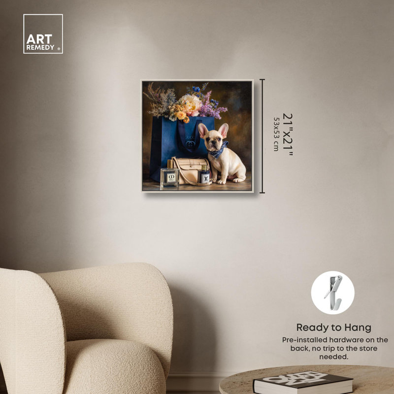 Impression sur toile Frenchie, Cadre argenté, H 20" x l 20" 