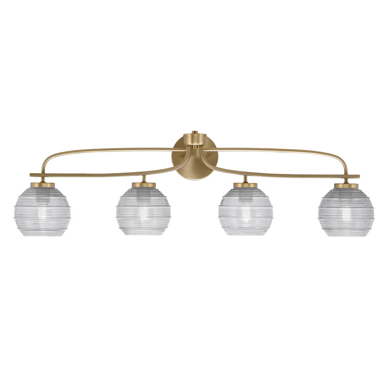 Barre d'éclairage de salle de bain 4 lumières Cavella avec verre de 6 po, Nervuré transparent, Laiton New Age