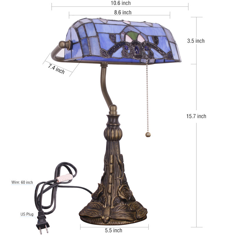 Tiffany Banker Lamp Small Stained Glass Table Lamp Tiffany Style Piano Light Blue Baroque Style Desk Lamp Angle Adjustable 10.6X15.7 Inch for Home Office Living Room Bedroom