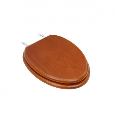 Light Mahogany Finish Wooden Elongated Toilet Seat with Chrome Hinges