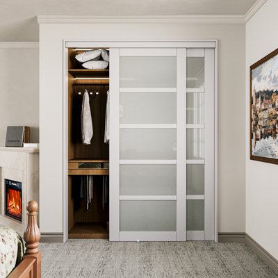 Porte coulissante 60 po x 80 po à panneaux en verre givré blanc avec ensemble de quincaillerie d'installation et porte coulissante 