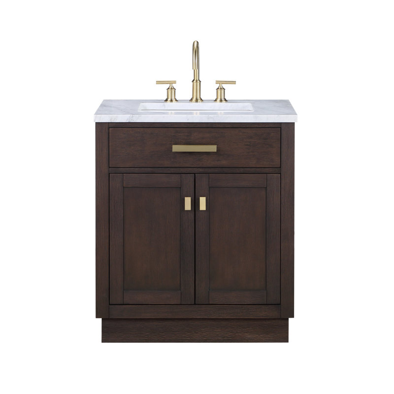 Chestnut 30" Carrara White Marble Countertop Bath Vanity with Faucet, Faucet Included, Brown Oak
