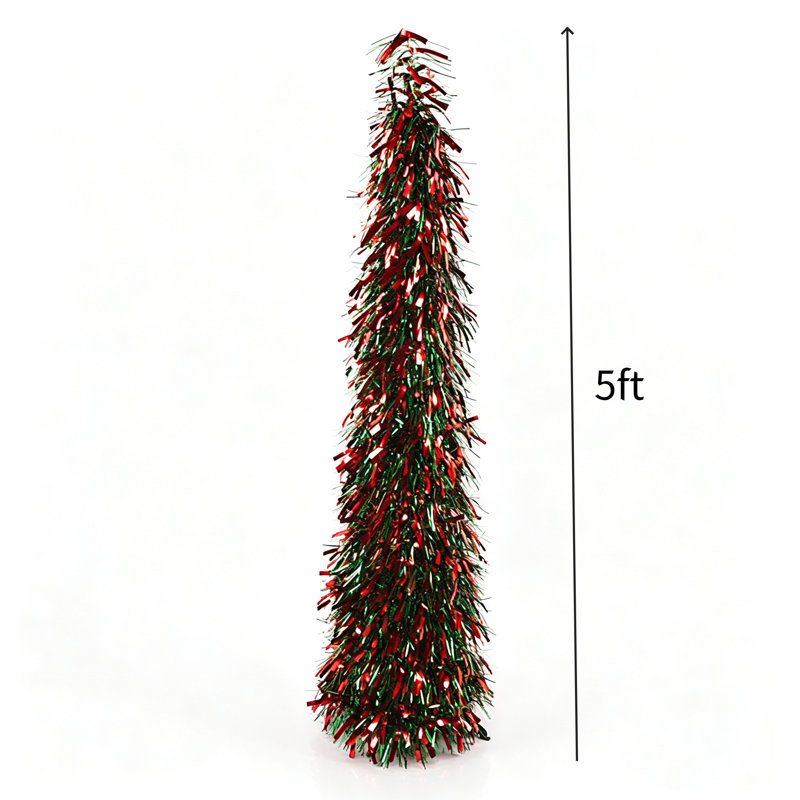 Sapin de Noël pliable et pliable, design pop-up, avec bandes métalliques robustes, sapin fin de 1,5 m (5 pi) orné de 50 lumières DEL blanc chaud, rouge et vert.