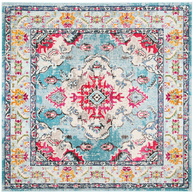 Almyra Oriental Area Rug, Square 6'7", Light Blue/Fuchsia