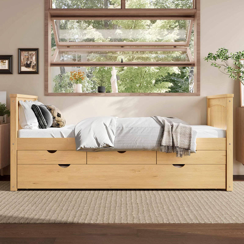 Platform Bed With Drawers And Trundle, Solid Wood Daybed, No Spring Box Needed, Natural