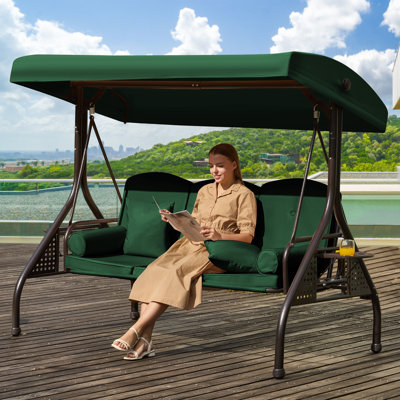 3-Seat Patio Porch Swing With Adjustable Canopy - Outdoor Swing Featuring Three-Position Backrest, Large Convertible 3-In-1 Swing Bed, Thickened Cushions, Pillows, And Cup Holders Porch