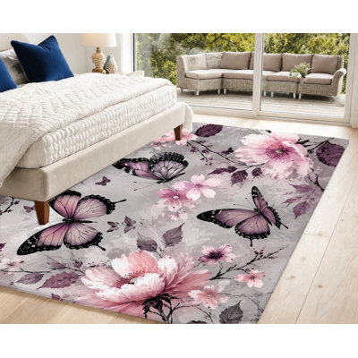 Tapis floral floral, imprimé rose mauve, design artistique, tapis antidérapant lavable à la machine, décoration intérieure élégante pour le salon, la chambre à coucher, le vestibule, la porte d'entrée, la cuisine, le balcon et l'appartement