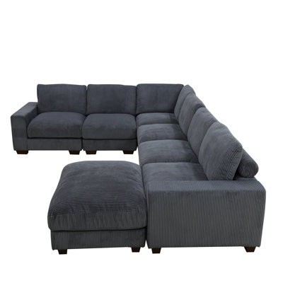 KCG- 123" Dark Grey Corduroy 7-Piece Sofa Sectionals With Delicate Pillows by Latitude Run