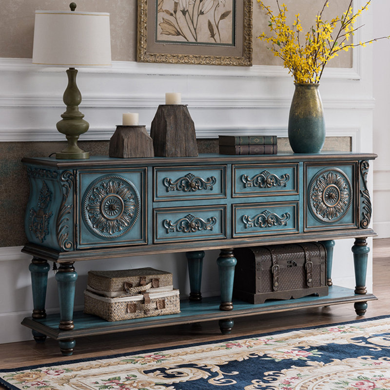 Console de style européen de luxe rétro, H 33,1 po x l 70,9 po x P 15,7 po, Bleu