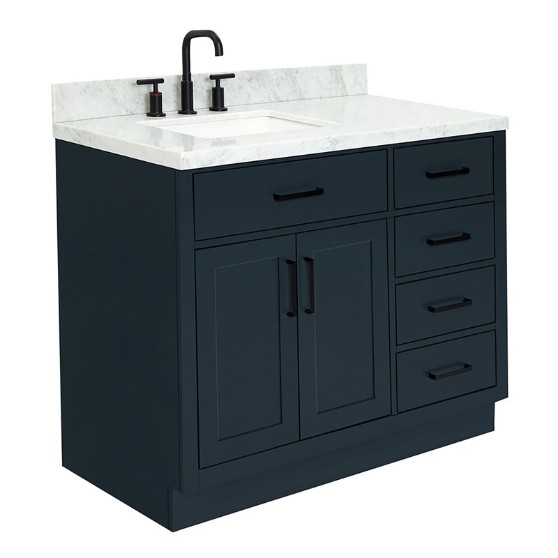 Tidworth 42'' Solid Wood Single Bathroom Vanity with 1.5'' Carrara Marble Top, Midnight Blue, Rectangular, Left