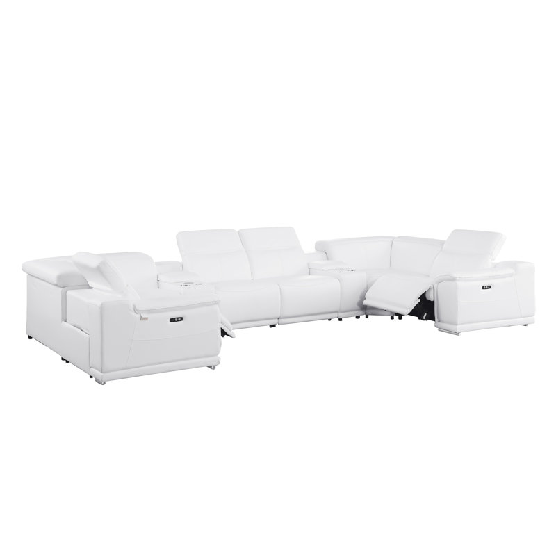 Ismeta 8 Piece 2 Power Recliner Top Grain Italian Leather Sectional, White Genuine Leather