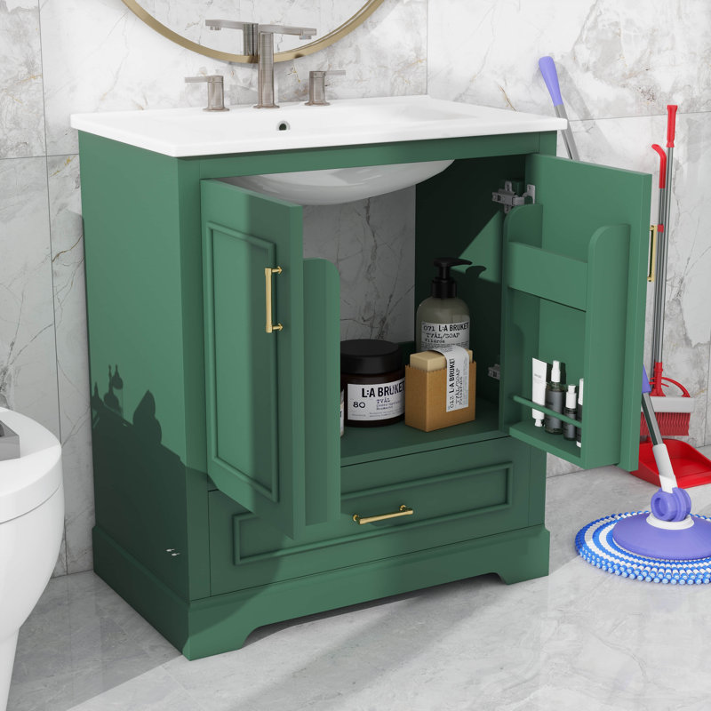 Sleek Bathroom Vanity With Ceramic Basin, 2 Doors And 1 Drawer, Green