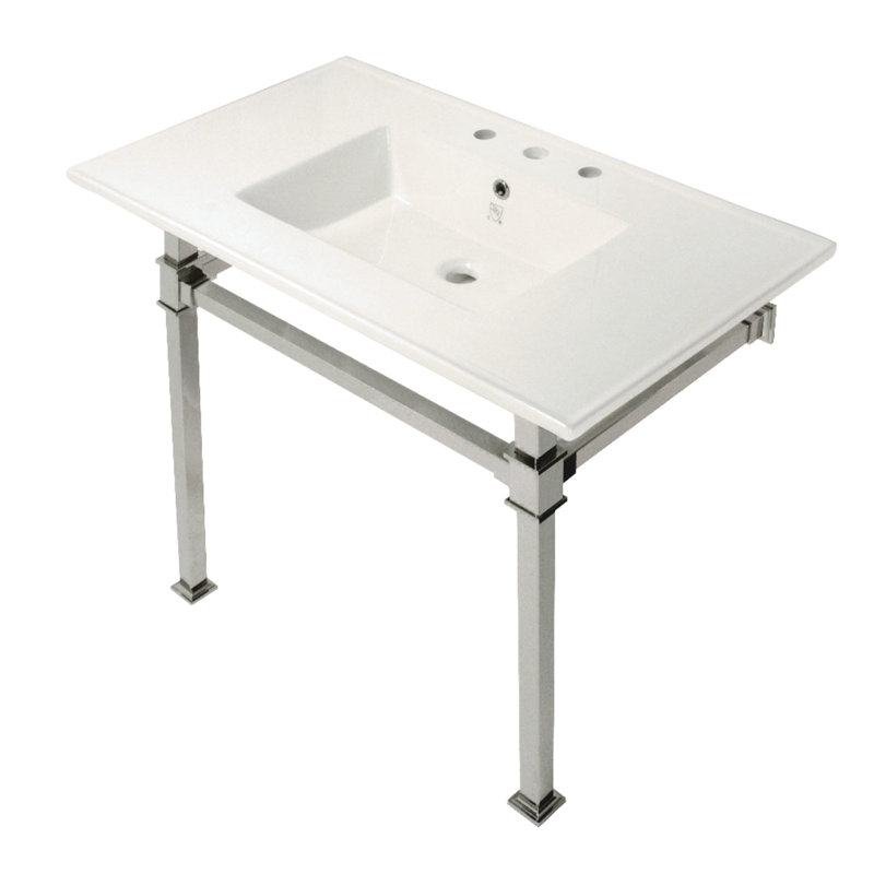 Kingston Brass Monarch 37-Inch Ceramic Console Sink with Stainless Steel Legs (8-Inch, 3-Hole), White/Polished Nickel