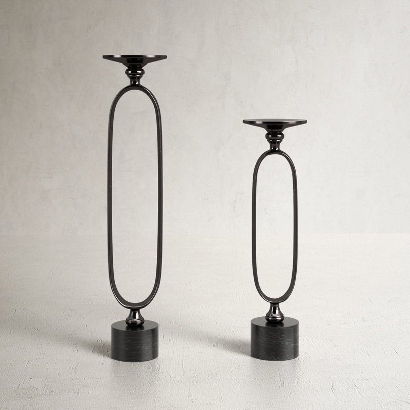 Black Aluminum and Marble Tabletop Candlestick Set