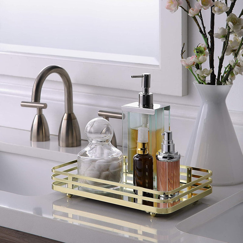 Polished Gold Classic Mirrored Vanity Tray - Perfume/Makeup/Jewelry Organizer for Dresser, Gold