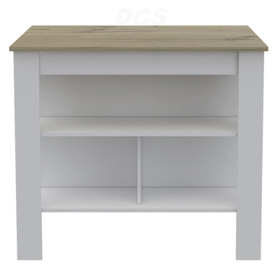 Cala Kitchen Island, Four Legs, Three Shelves  -White / Light Oak, Kitchen Island