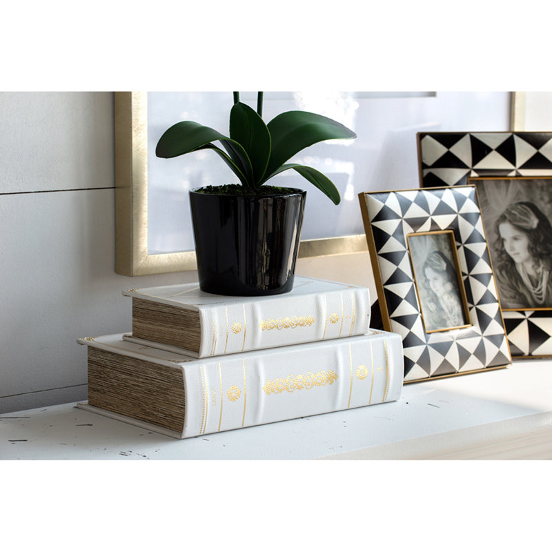 Set of 2 Decorative Faux Leather Book Boxes, Hidden Storage Boxes with White and Gold “French Traditions” Design, 10” x 7” and 8” x 5”