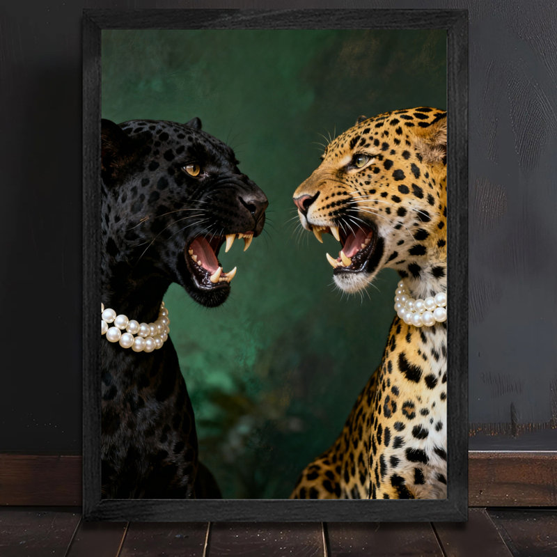 Reproduction encadrée noire de panthère noire et de léopard, H 17 po x l 13 po