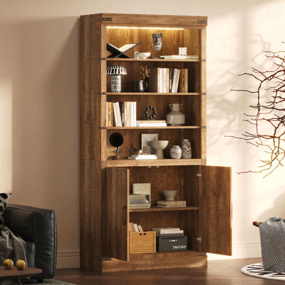 Bibliothèque de 83,4 po de hauteur avec portes de style bibliothèque moderne à 3 niveaux avec tablettes réglables et grand rangement à DEL