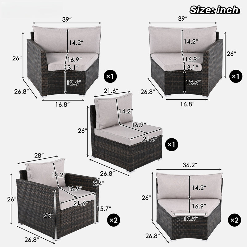 9-pieces Outdoor Half-moon Wicker Conversation Sets With 1 Nesting Coffee Table And Tempered Glass Top