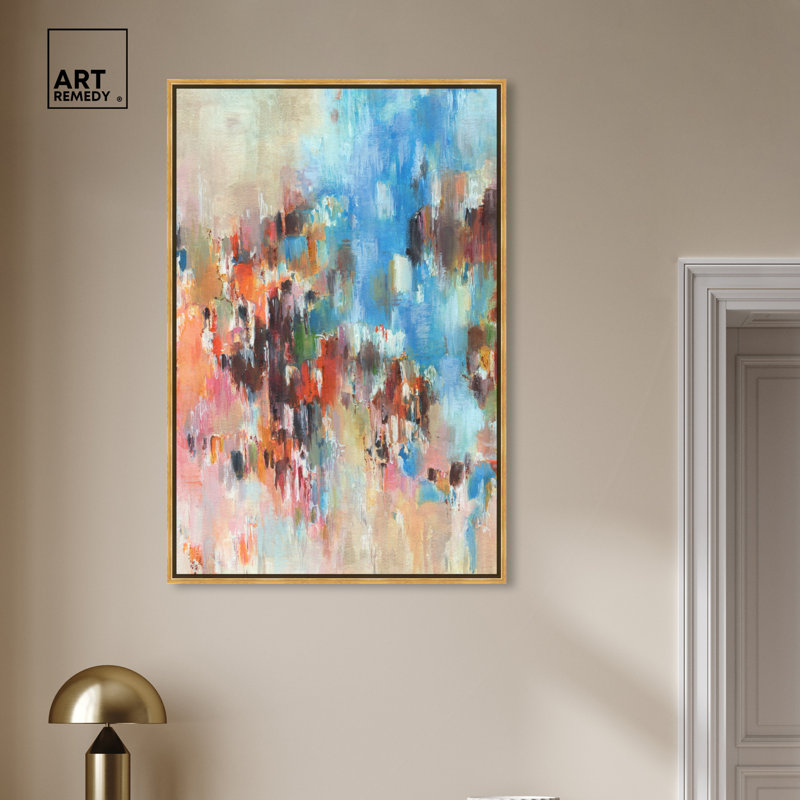 Large Gold Framed Blue and Multicolor Abstract Canvas Art