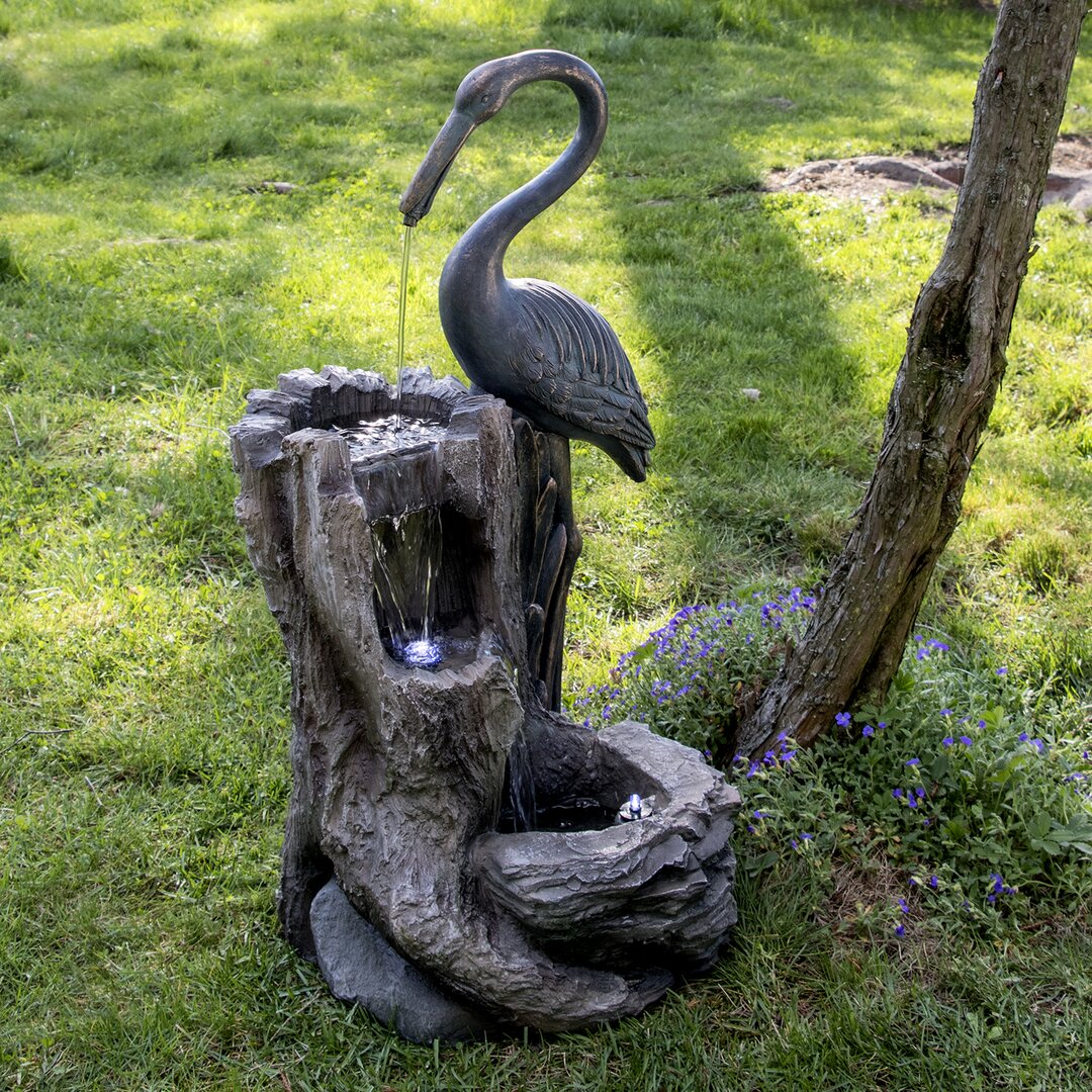 Brunnen Kranich aus Kunstharz und Polystone mit Licht