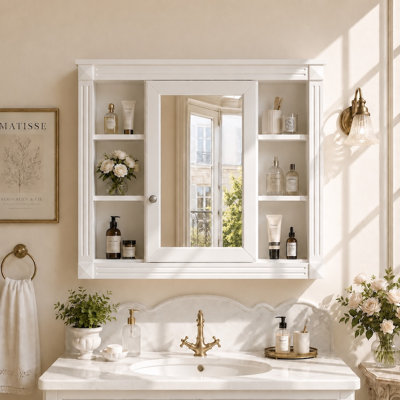 35 in. W x 28.7 in. H Rectangular MDF Wall Mounted Bathroom Medicine Cabinet with Mirror in White