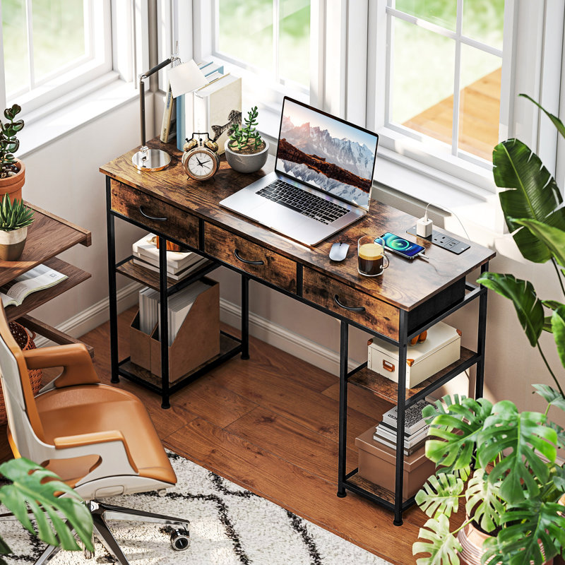 Metal Base Computer Desk with Power Outlet, Brown, Brown