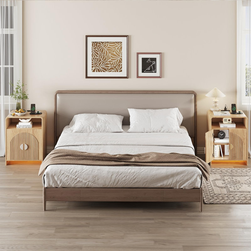 Nightstand With Charging Station And LED Lights, Yellow