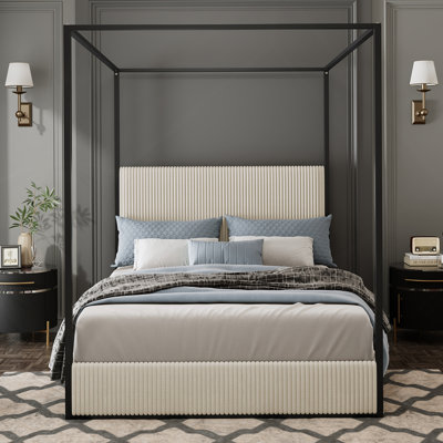 Modern Luxury Metal Canopy Bed With Tall Upholstered Headboard And Four Poster, No Box Spring Needed, Queen, White