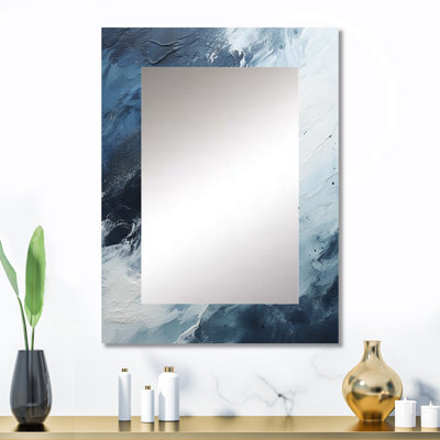 Minimalisme noir et bleu peinture vague I - miroir mural côtier, miroir décoratif bleu, impression d'art en métal