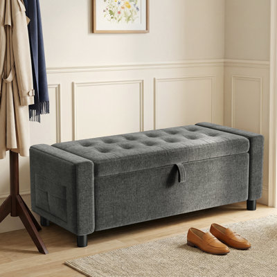 Banc de rangement avec repose-pieds de 45,3 po, banc de bout rembourré plus épais de 3,14 po avec compartiment caché de 30 gallons et poche latérale, pour chambre à coucher, salon, entrée, gris foncé
