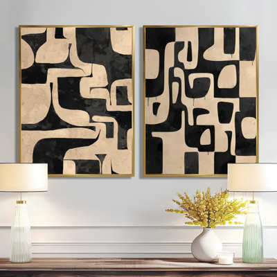 «Beige and Black Boho Mosaic Earth Tones», reproduction sur toile géométrique, art mural moderne beige 2 pièces