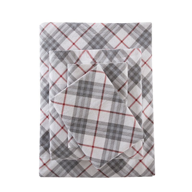Ensemble de draps 100% coton Cozy, Ensemble de draps pour grand lit avec 2 taies d'or, Carreaux rouges