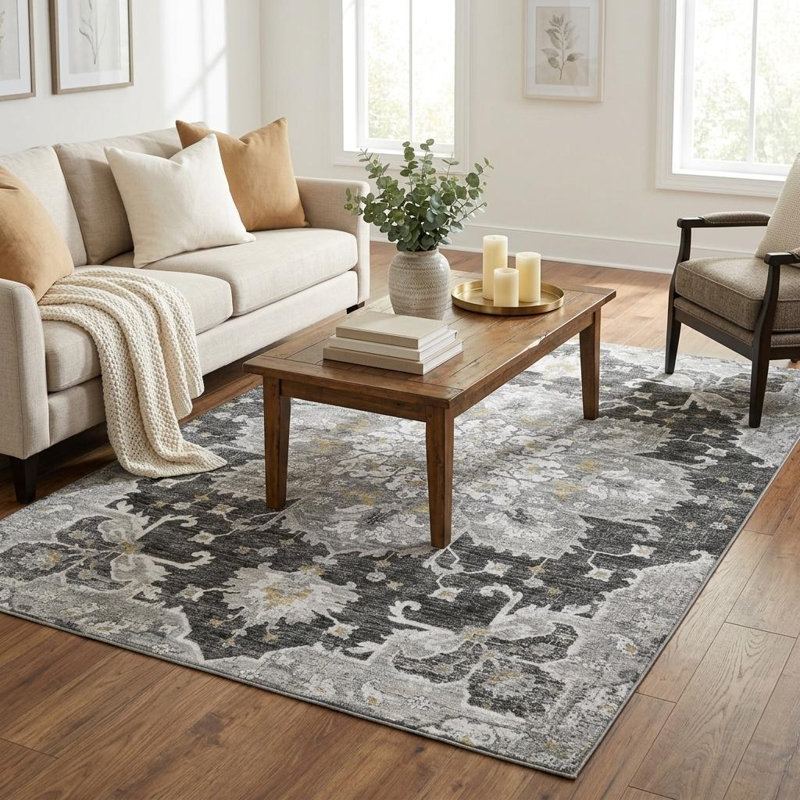 Tapis lavable délavé 5 pi x 8 pi graphite doré et gris anthracite