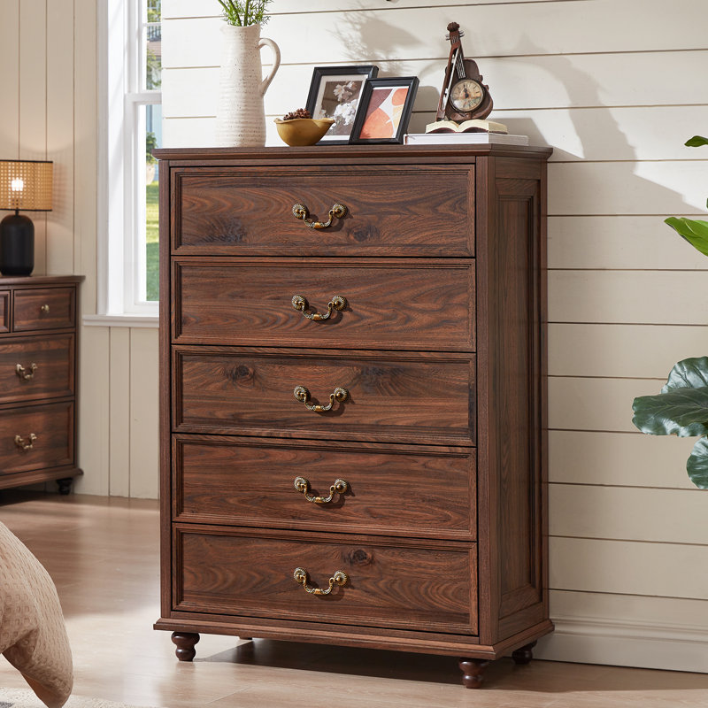 Farmhouse 5 Drawer Dresser For Bedroom, 45" Tall Vinatge Chests Of Drawers W/ 4 Solid Gourd Feet, Mid Century Modern Boho Wood Closet Storage Dressers Organizer For Living Room