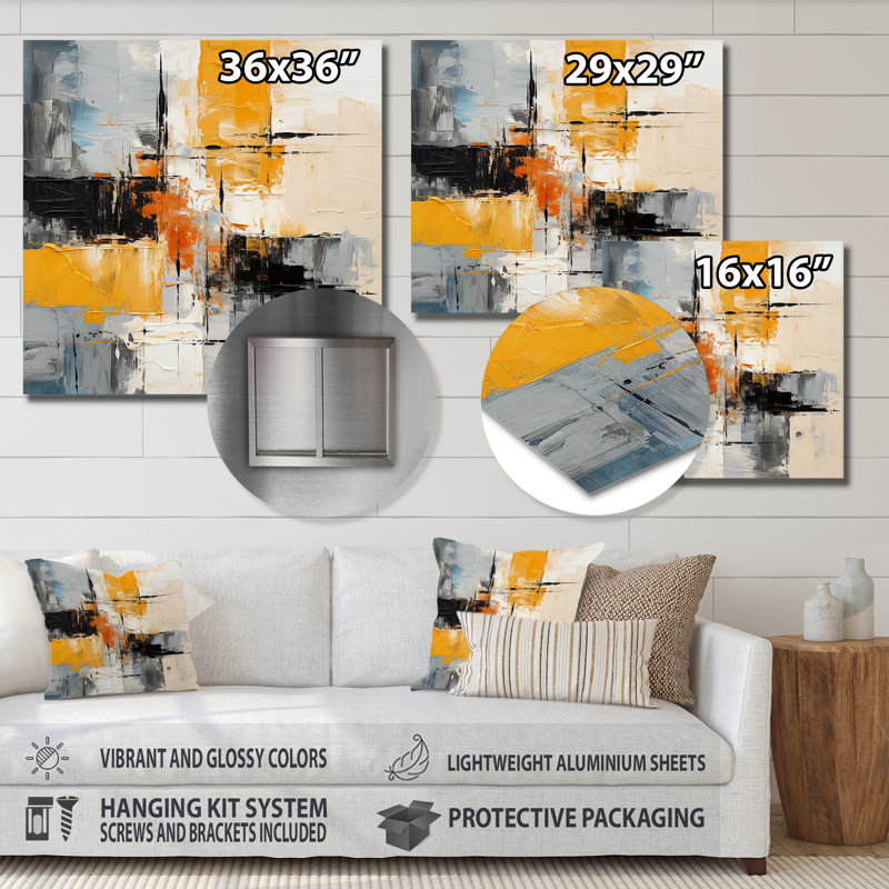 «Gray and Yellow Paint Elegance II», art mural abstrait en métal, H 29 po x l 29 po