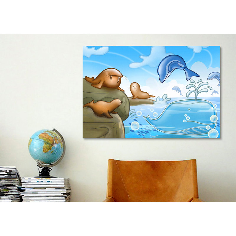 Leonia «Dolphins and Whale», impression sur toile non encadrée, H 26 po x l 40 po x P 1,5 po, Toile tendue, Pas de tapis