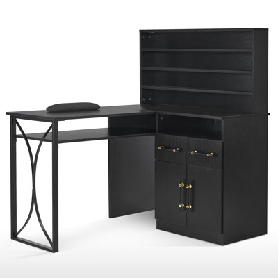 Tashanda L-Shaped Nail Desk, Modern Corner Desk with Hutch and Drawers