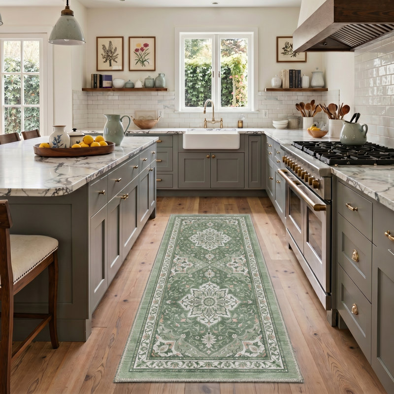Abrahamson Lorelei Floral Machine Washable Green / White Indoor Area Rug with Non-Slip Backing, Runner 2' x 6'
