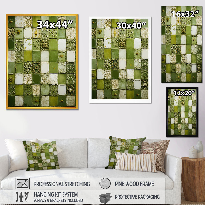 Botanicals Green Floral Tiles III - Art mural abstrait, Cadre flottant noir, 44" H x 34" W