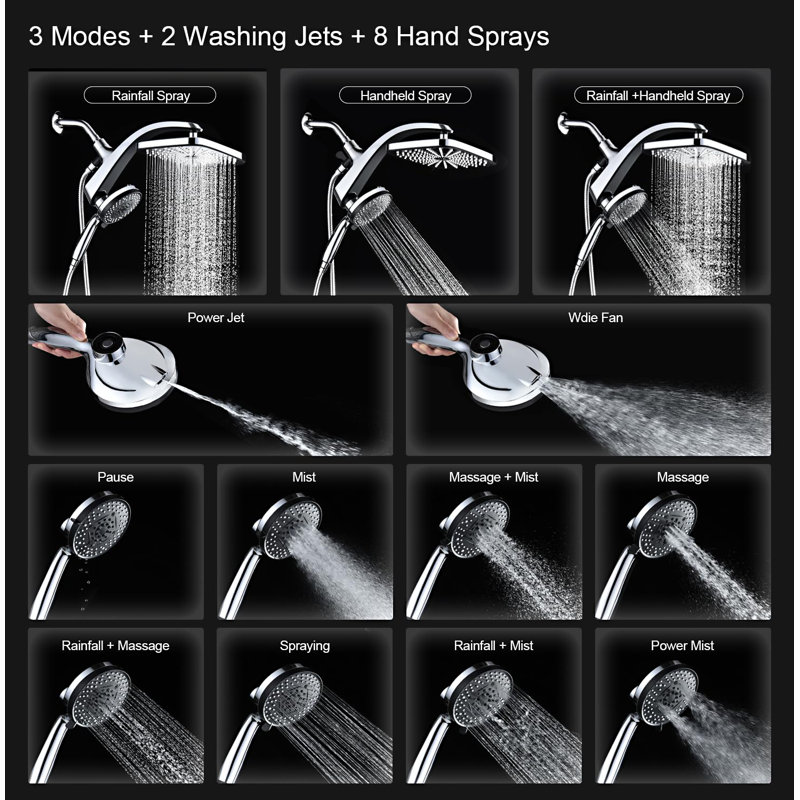 Rain Shower Head, High Pressure, 10 Sprays Handheld Shower Head, Shower Heads With Handheld Spray Combo, Chrome
