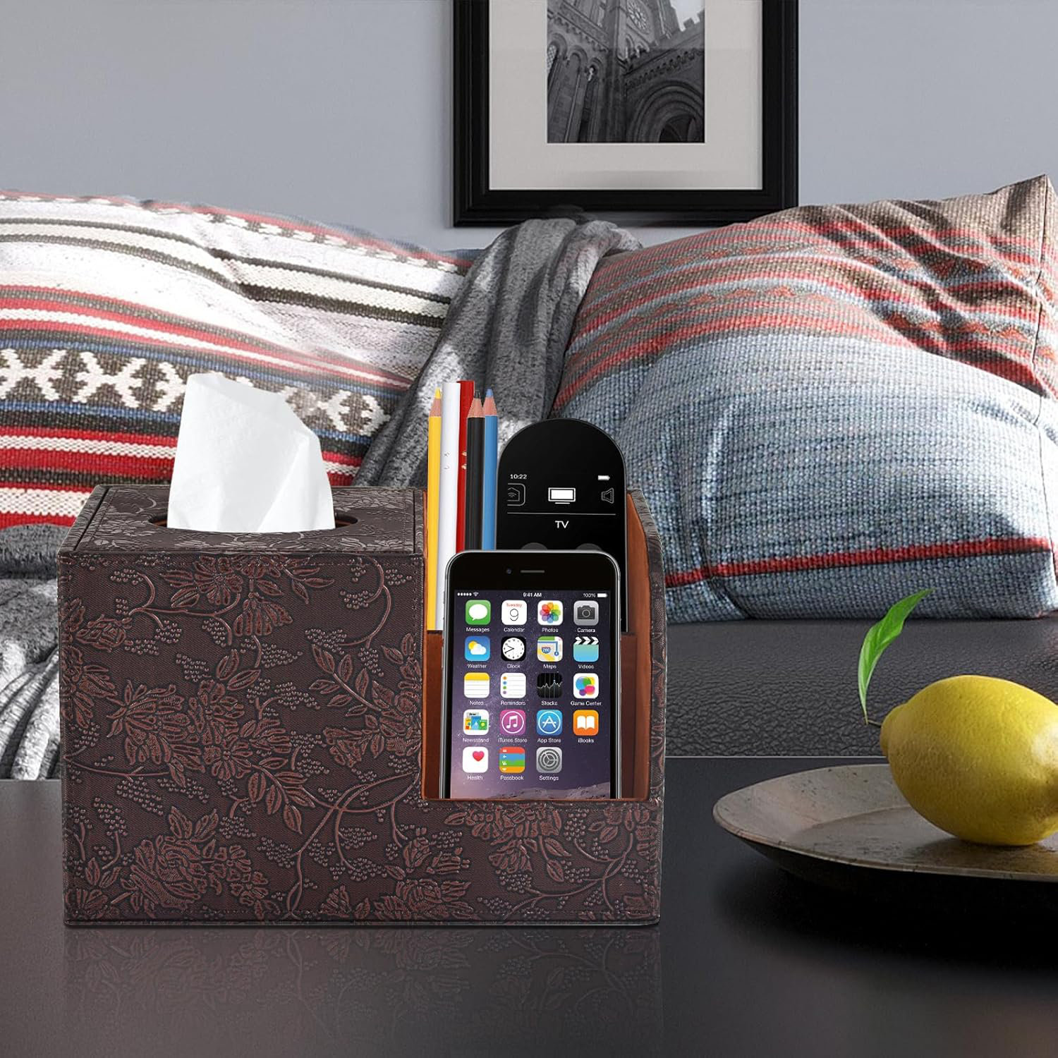 PU Leather Tissue Box Cover With Storage – Square Organizer For Tissues & Remotes, Fits Office, Bedroom, Desk