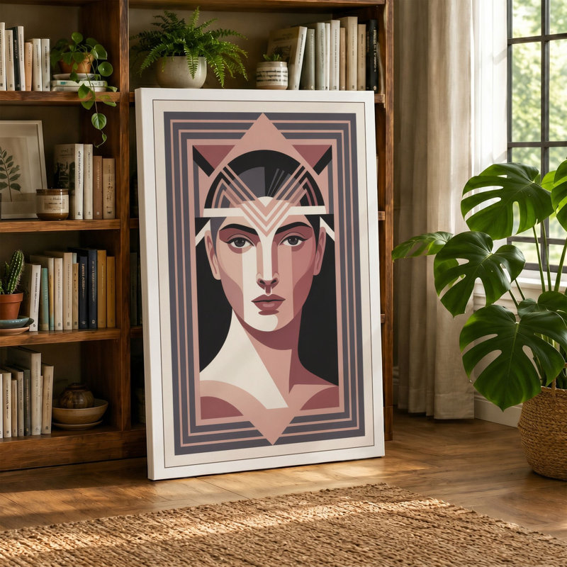 Stylized Geometric Portrait Art Deco 1 Piece Wrapped Canvas Wall Art, 18x12 - 45.7 x 30.5 cm, Taupe Border