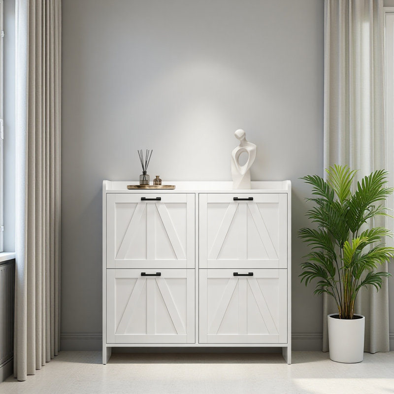Rustic Barn-Door Shoe Cabinet With 4 Flip Drawers, Sleek Space-Saving Entryway Organizer For Living Room, White