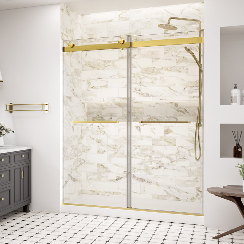 48" W X 74" H Double Sliding Frameless Shower Door With 5/16" Tempered Clear Glass And Soft Close System, Brushed Gold