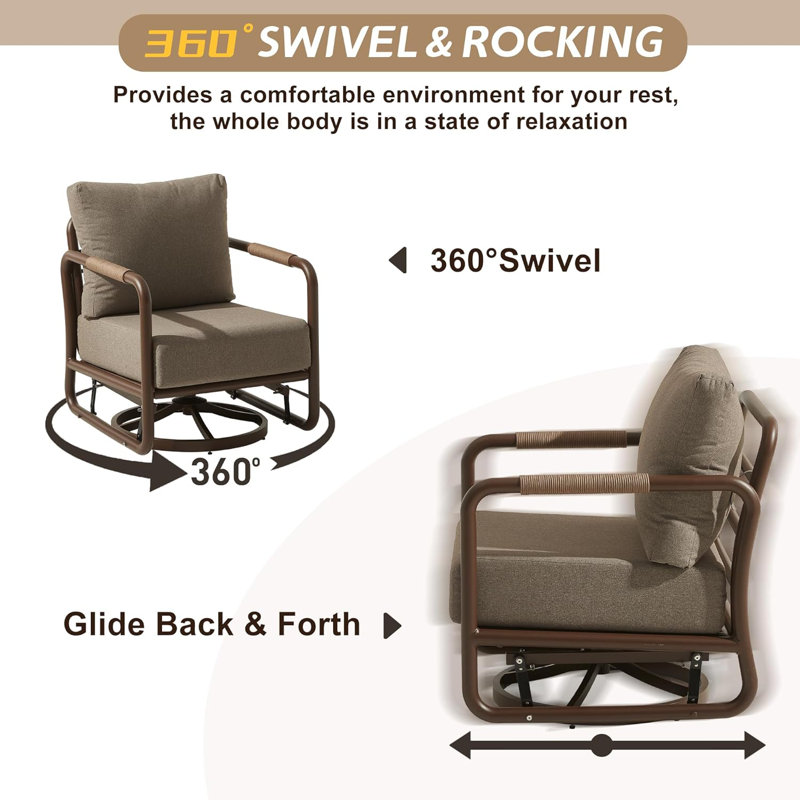 3 Piece Patio Outdoor Aluminum Swivel Rocking Chair with Coffee Table and 6" Thickened Cushions, All Weather Outdoor Furniture Chairs for Garden, Poolside, Deck-Brown