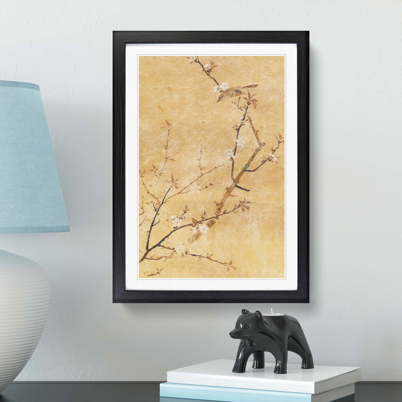 Bird on Cherry Blossoms by Maruyama Okyo - Picture Frame Painting Print, 65cm H x 48cm W x 2cm D, Black Framed