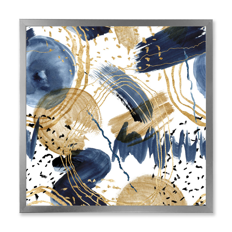 Motif abstrait avec textures bleu foncé et or - peinture sur toile à cadre flottant, Toile avec cadre argenté