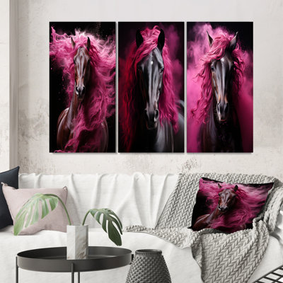 «Black Pink Horse Vibrant Equine», 3 pièces sur toile